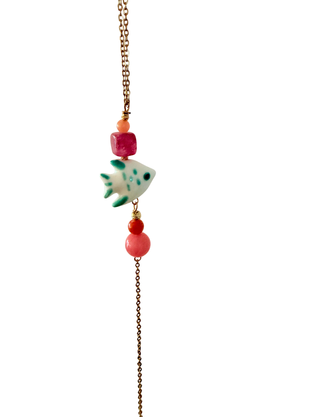 Håndlavet Y-Halskæde med Porcelænsfisk – Pink & Orange Perler