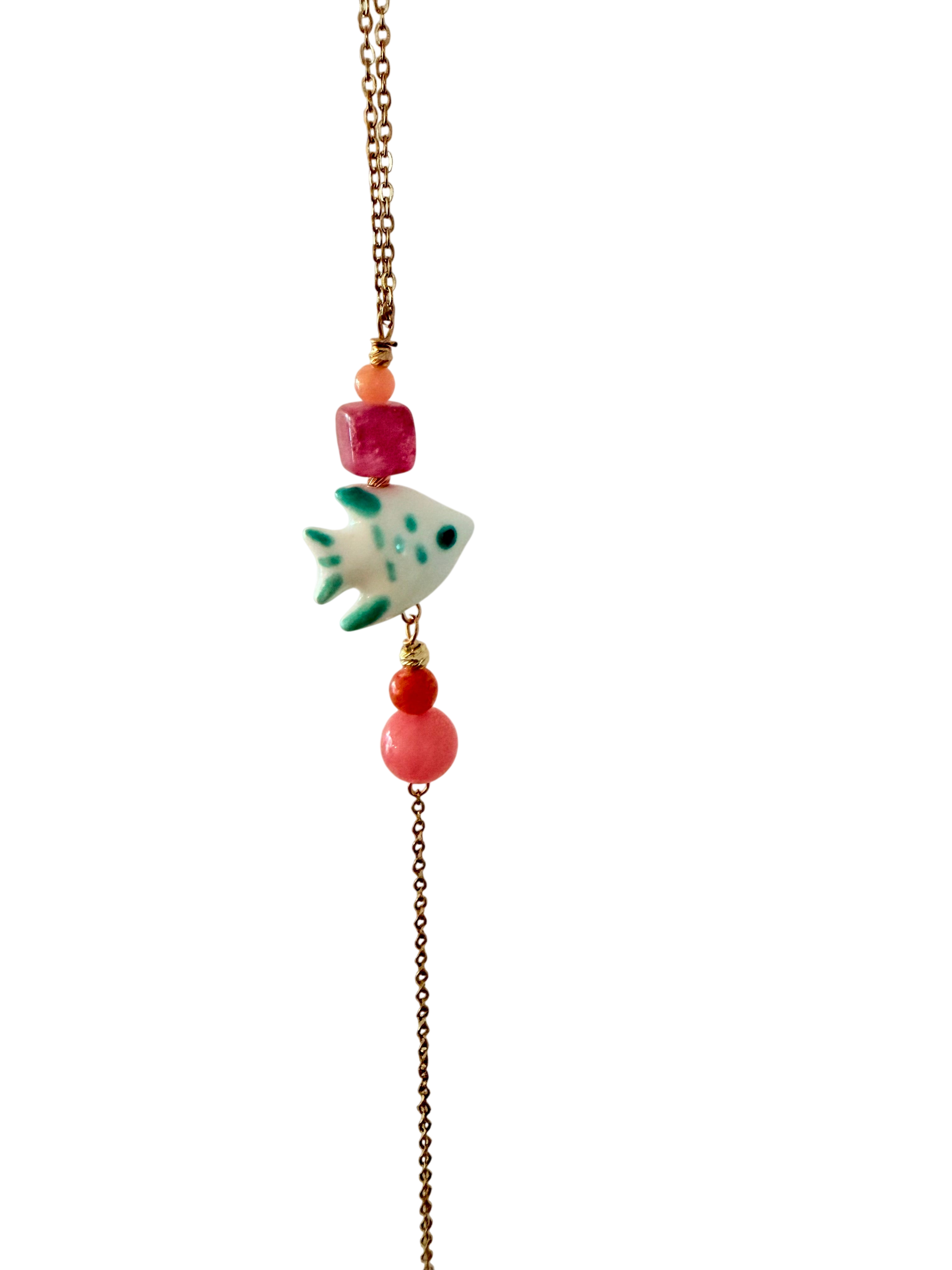 Håndlavet Y-Halskæde med Porcelænsfisk – Pink & Orange Perler