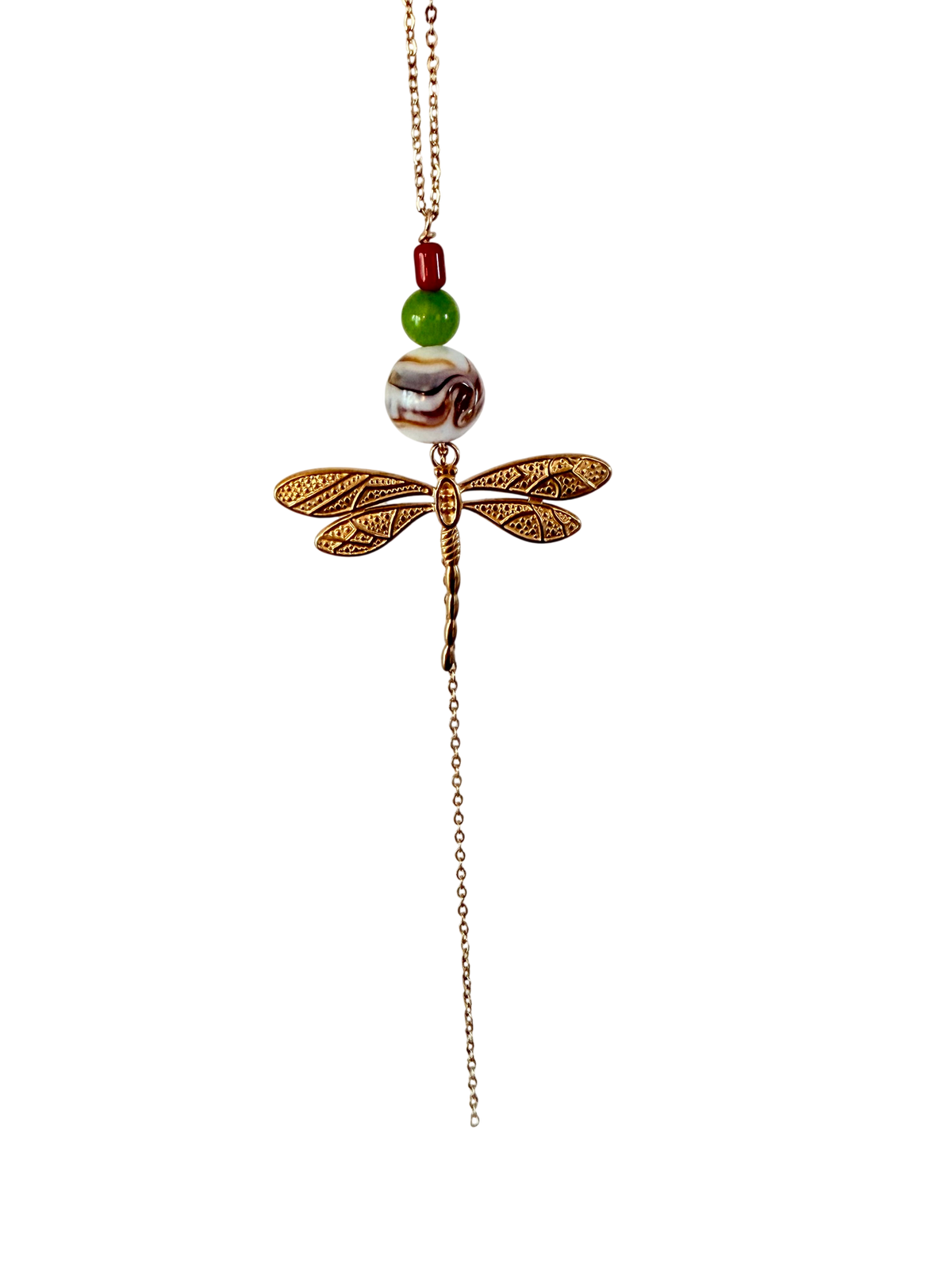 Håndlavet Y-halskæde – Lampwork glas, olivengrøn, rød & guldsmed #211