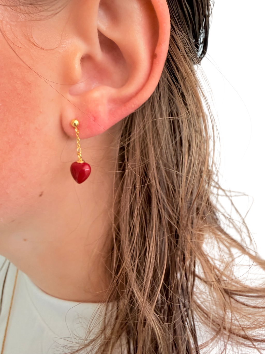 Ørering enkelt med rødt koral hjerte #38 Mix & Match