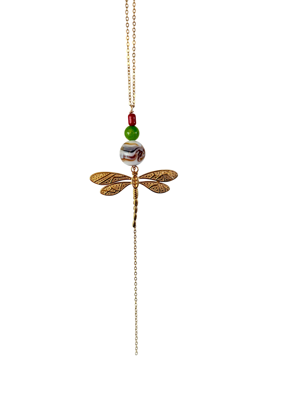 Håndlavet Y-halskæde – Lampwork glas, olivengrøn, rød & guldsmed #211
