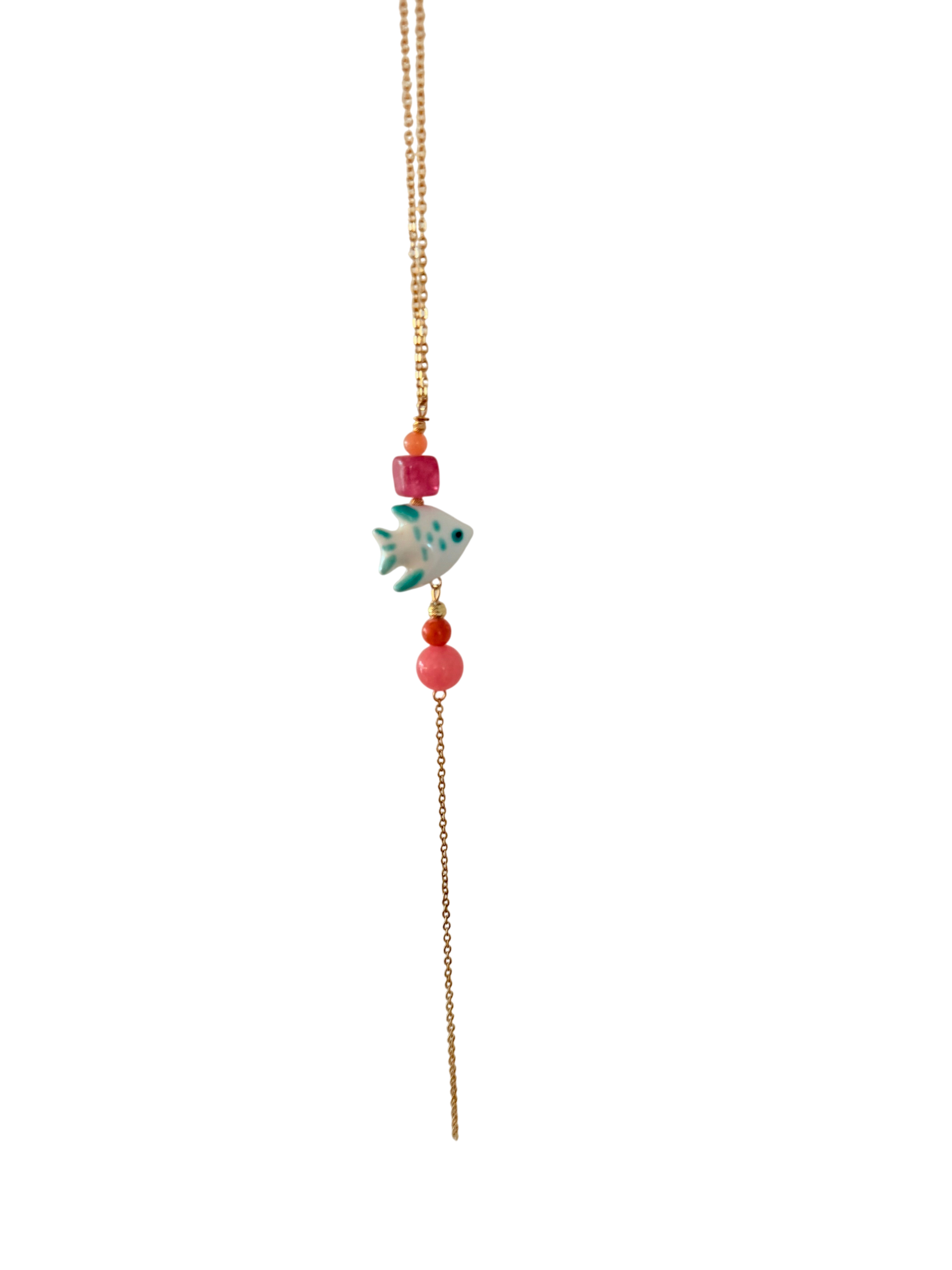 Håndlavet Y-Halskæde med Porcelænsfisk – Pink & Orange Perler
