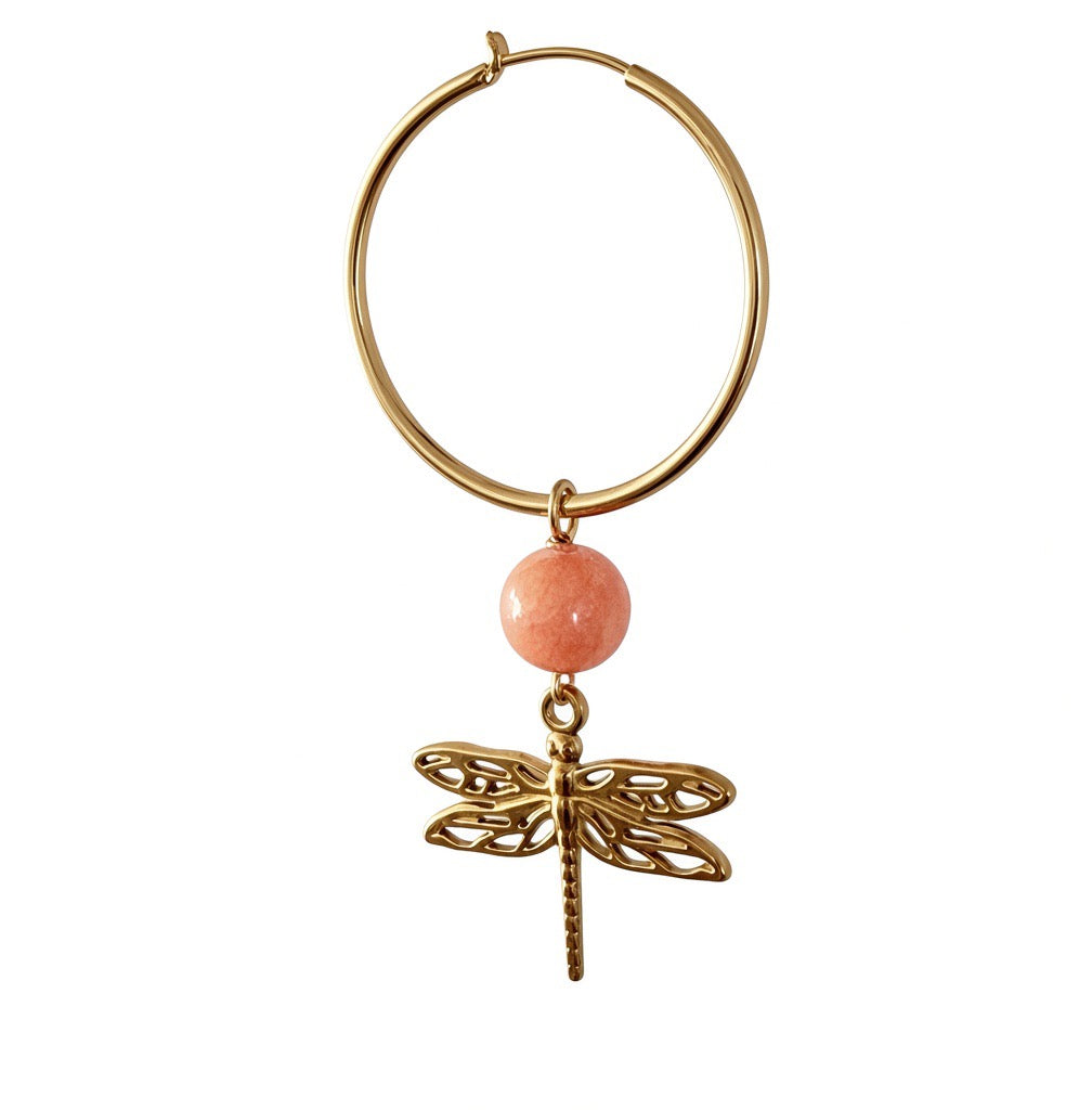 Håndlavet enkelt hoop-ørering med orange perle og guldsmed, 40 mm.