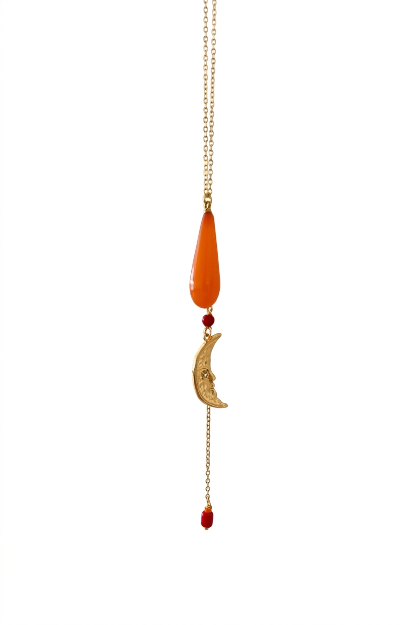 Håndlavet Y Halskæde med måne, orange og røde perler #242