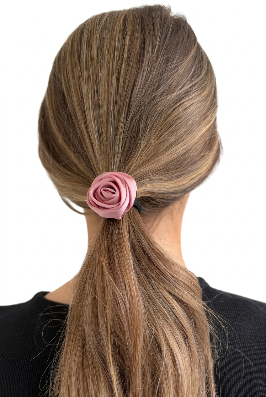 Rosa satinrose i håret på hvid baggrund